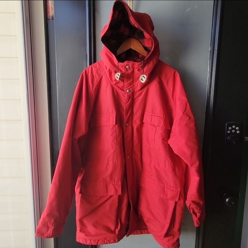 Vintage LL Bean Baxter State Parka Jacket Plaid Wool Lined Hood Red Women's L
